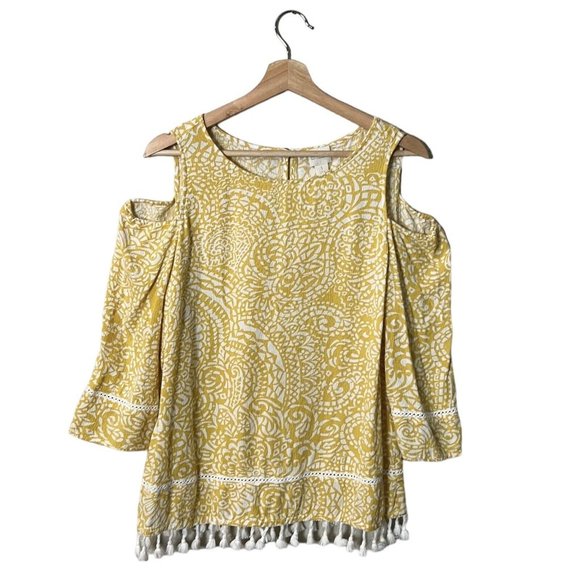 Chicos Sunny Mosaic Top Size 1 Medium Cold Shoulder Tassel Fringe 570201873 - Picture 1 of 12
